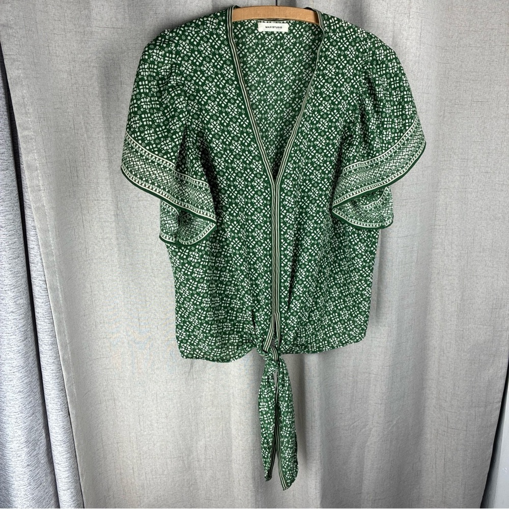 Max Studio Green Floral Tie Front Flutter Sleeve Blouse S Botanical Femme Fairy